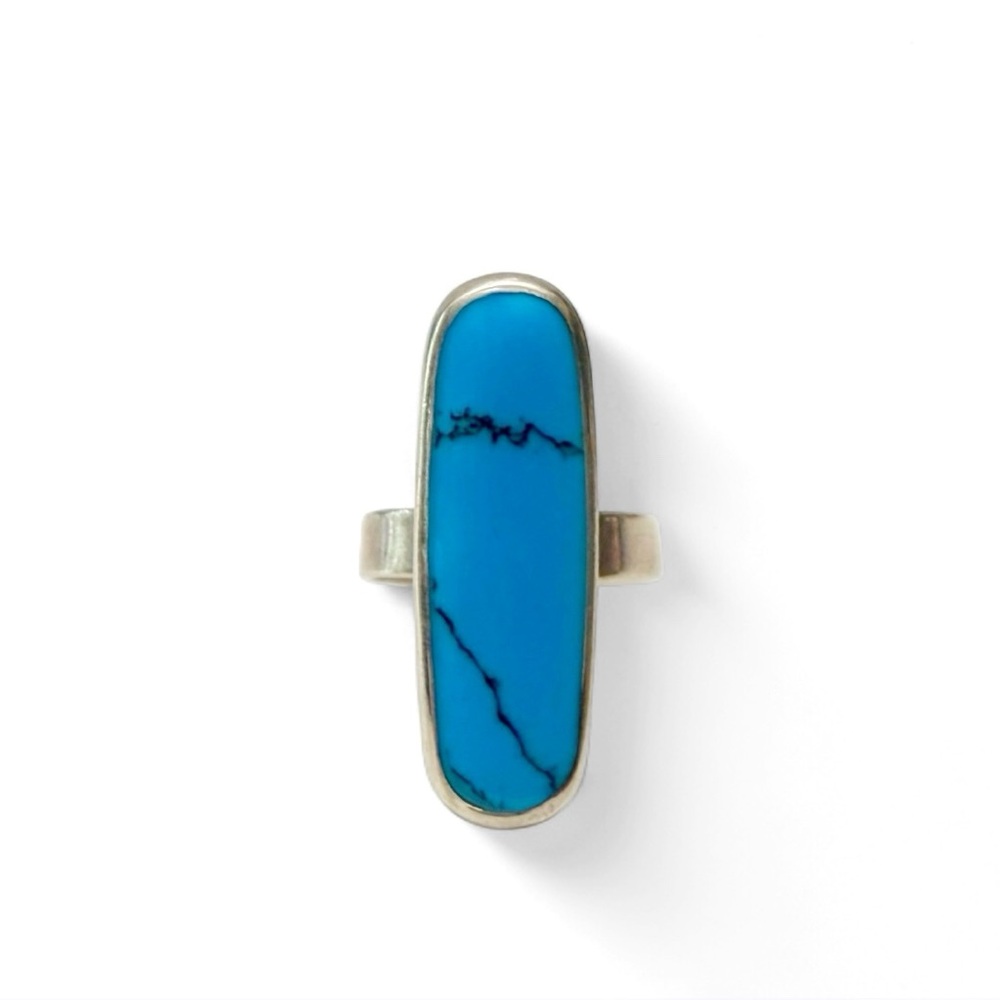 Vintage Sterling Silver Long Oval Turquoise Shadowbox Ring Adjustable Mexico